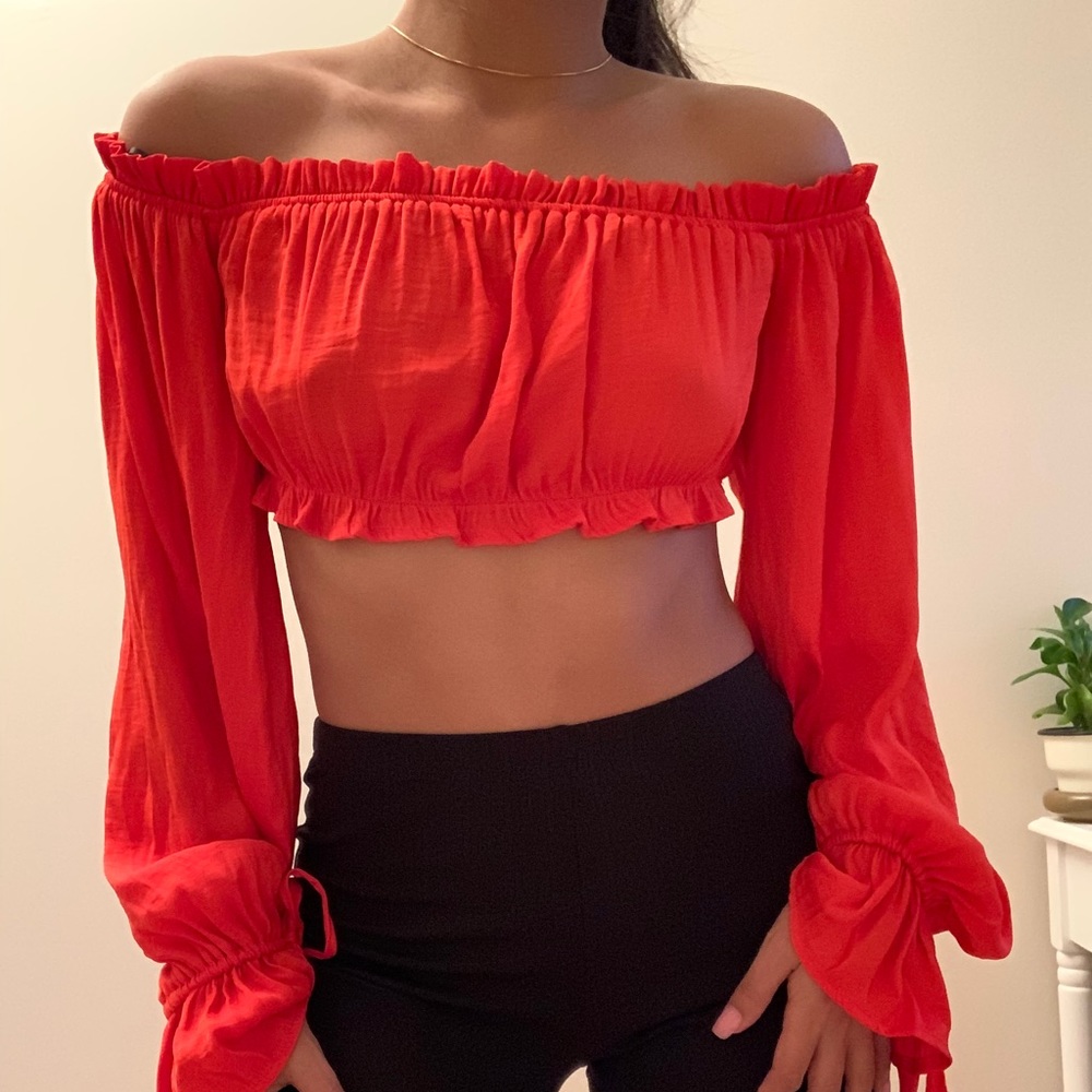 Red Silk Over the Shoulder Crop Top